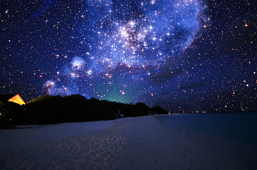 beach, nebula and sky