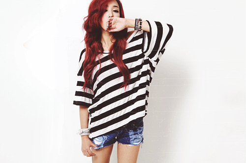 fashion, girl, jewelry, kiss, photography, pretty, red hair, shorts, stripes
