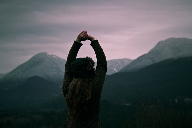 girl, hat and mountains