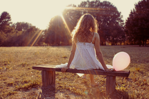 balloon, bench and curly hair
