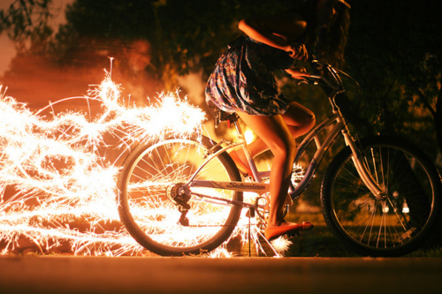 bicycle, fireworks and girl