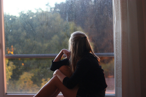 girl, hair, rain, window