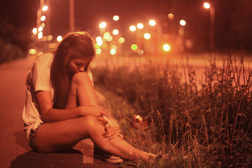 girl, lights and road