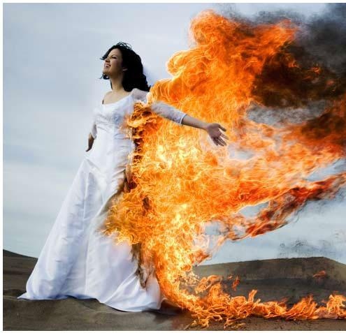 bride, dress, fake, fire, flames