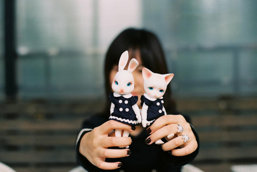 black hair, black nails, bunny, cat, cute