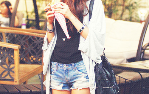 bag, denim shorts, fashion, girl, photography