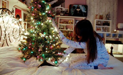 bedroom,  christmas tree and  girl