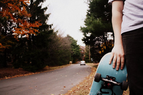autumn, road and skateboard