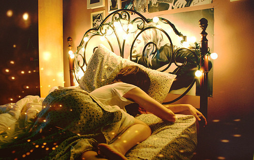 bed,  girl and  lights