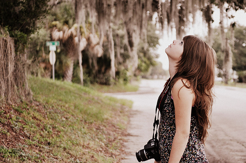 camera, girl and grass