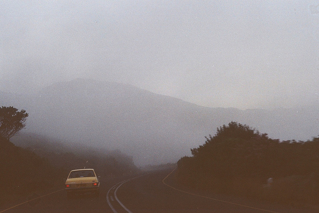 car, clouds, cloudy, fog, grass