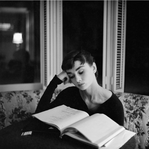 audrey hepburn, b&w and book