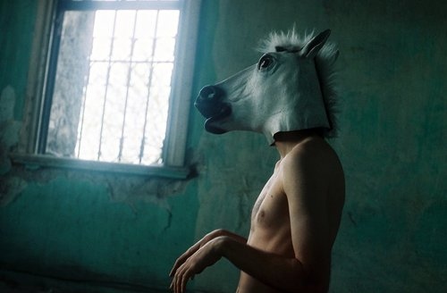 boy, horse and mask