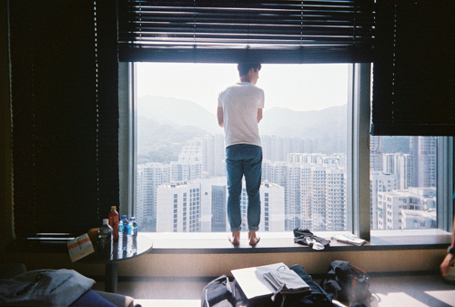 boy, city and room