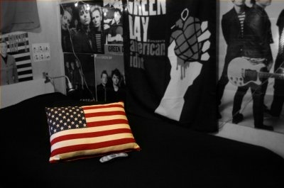 bed,  black and white and  green day