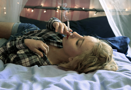 bed, blonde and cigarette