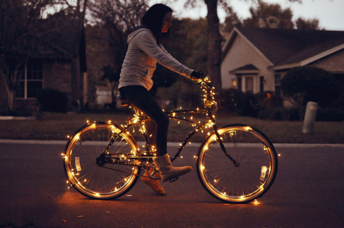 bicycle, christmas lights and girl