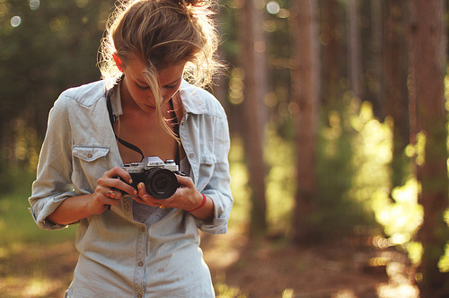 camera, forest and girl