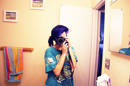 blue hair, camera girl, dyed hair, fashion, girl