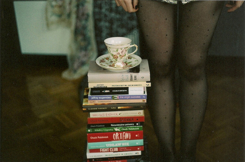 books, cup and floral