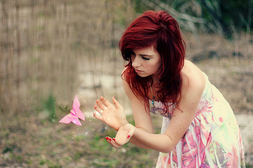 butterfly, girl and pink