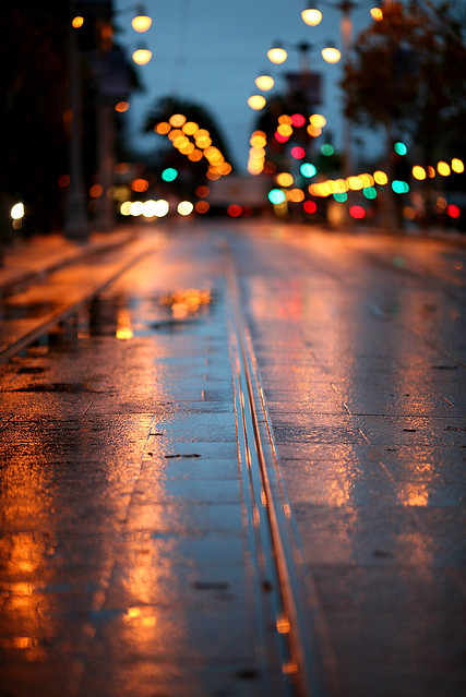 city, light and rain