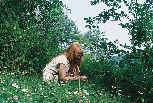 flowers, girl and grass