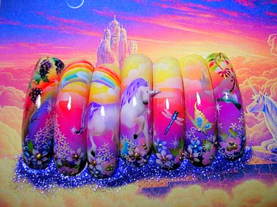 kawaii, nails, pink, purple, rainbow