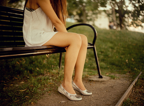 bench, dress and flats