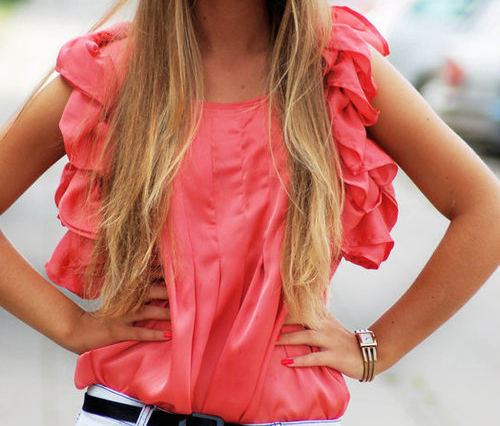 blonde, blouse, coral, fashion, madamelulu