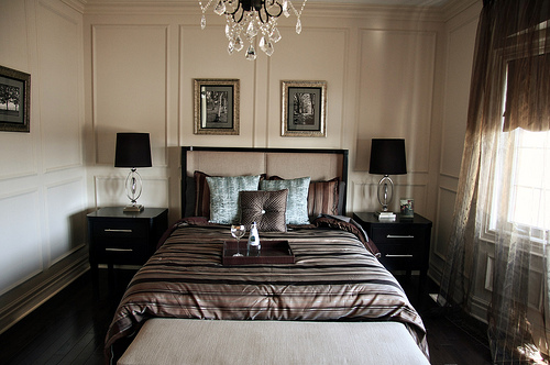 bed, bedroom, boiserie, curtains, lmap