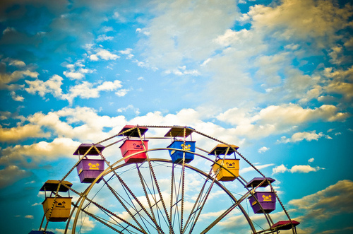 clouds, colorful and ferris wheel