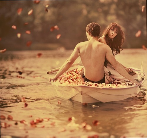 boat, couple, love, petals, river