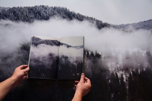 book, fog and hands
