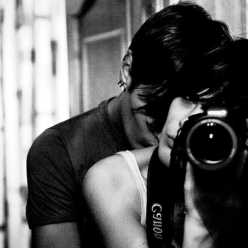 black and white, camera and couple