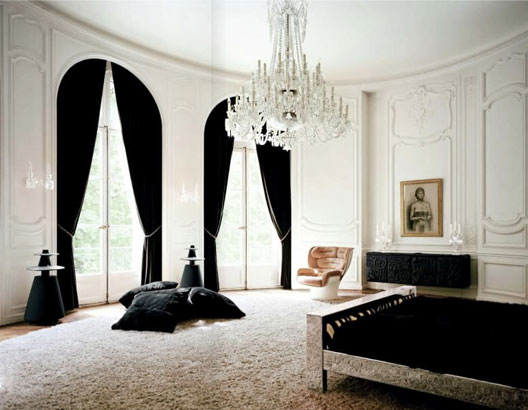 black and white, boiserie and chandelier