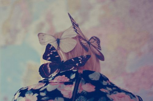 blonde, butterflies, floral, girl, insects