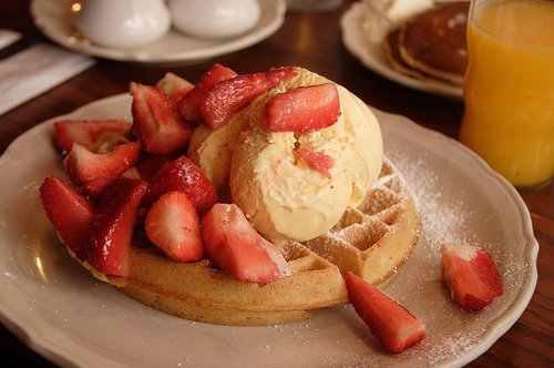 food, strawberries and waffles