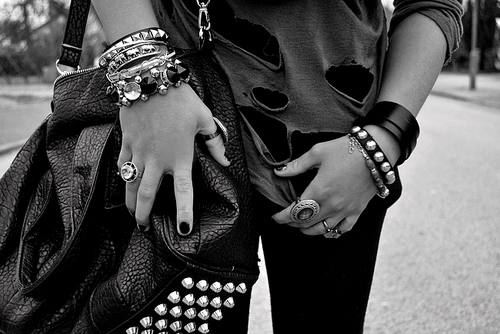 bag, black and white and bracelets