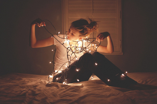bed, blonde and christmas tree lights