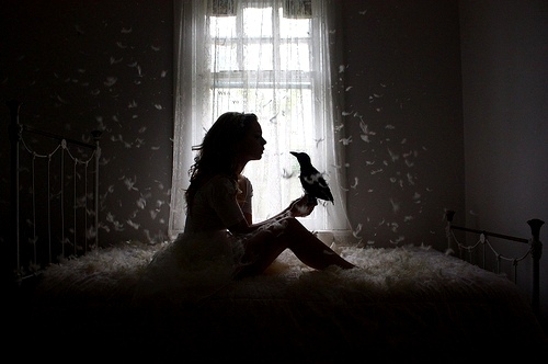 bird, black and white, feathers, girl, photography