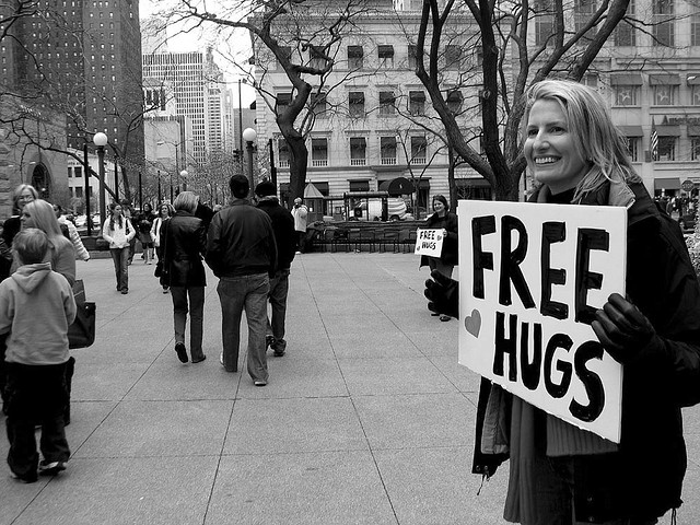 black and white, free and free hugs