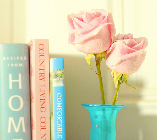 books, flowers and pink