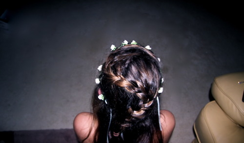 braid, brunette, flowers, girl, hair
