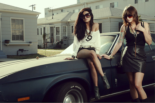 brunette, car and fashion