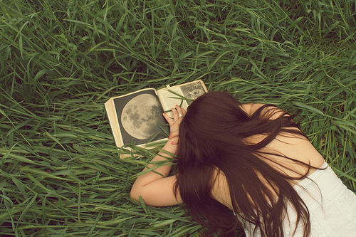 book, girl and meadow