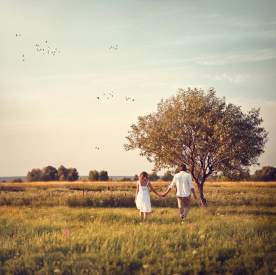 couple, field and holding hands