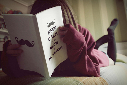 book, girl, keep calm, mustache, read