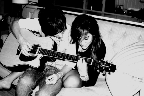 adorible, black & white, couple, cute, guitar