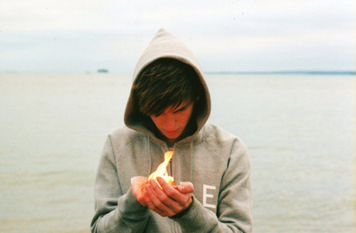 beach, fire and guy